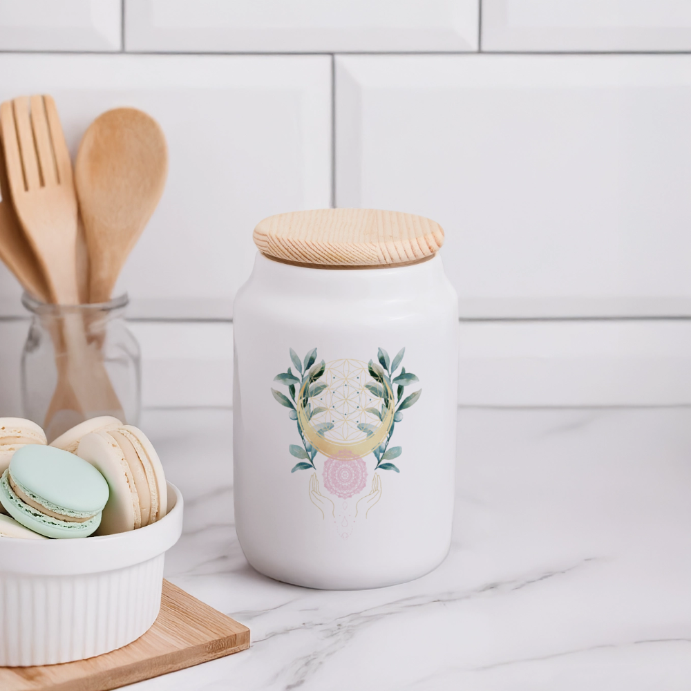 Keramikdose mit Holzdeckel / Mandala golden Bloom - Weiß