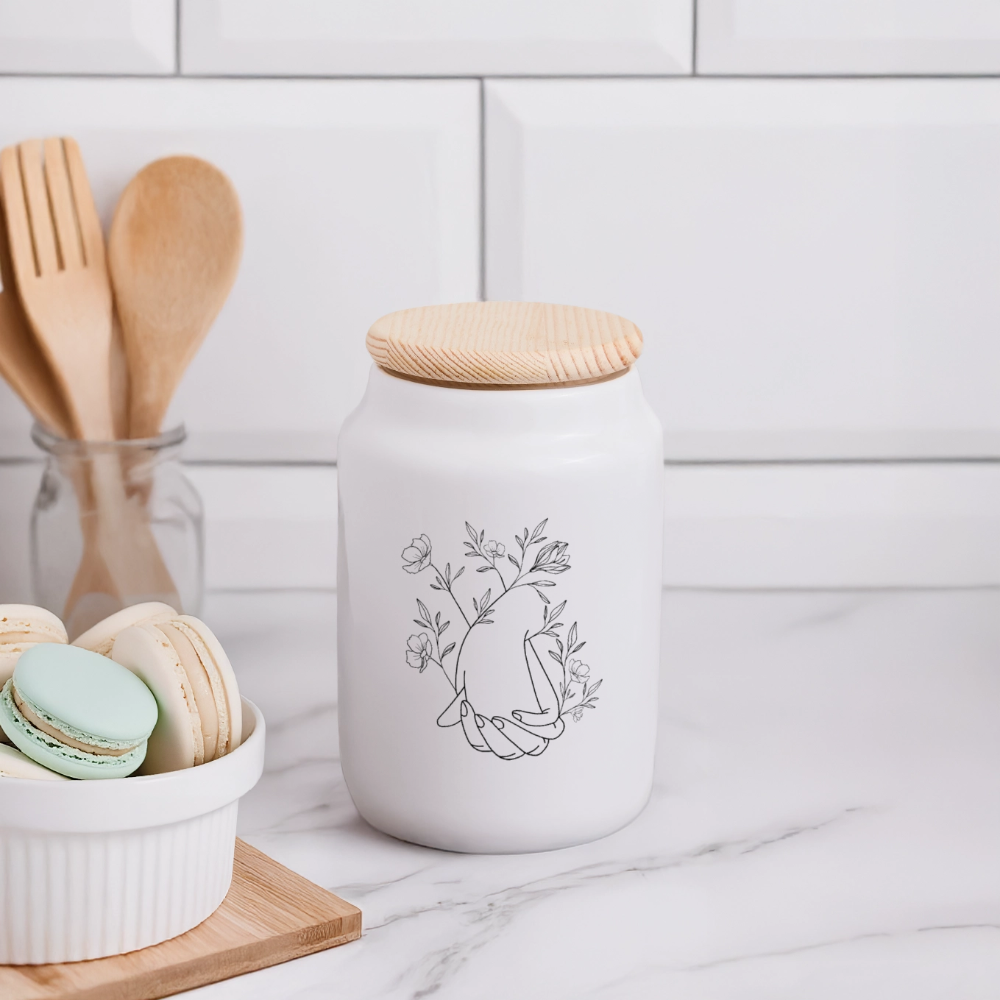 Keramikdose mit Holzdeckel / Holding hands - Weiß