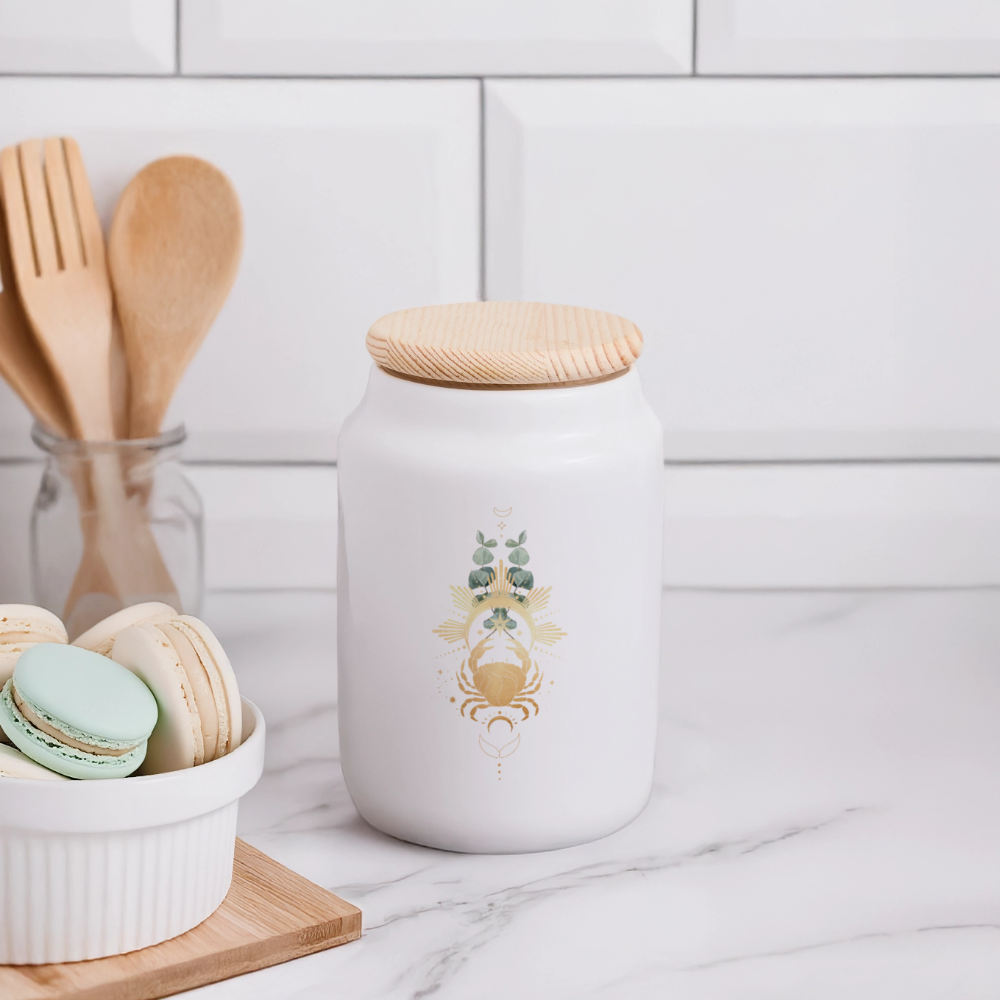 Keramikdose mit Holzdeckel / Goldene Krabbe - Weiß