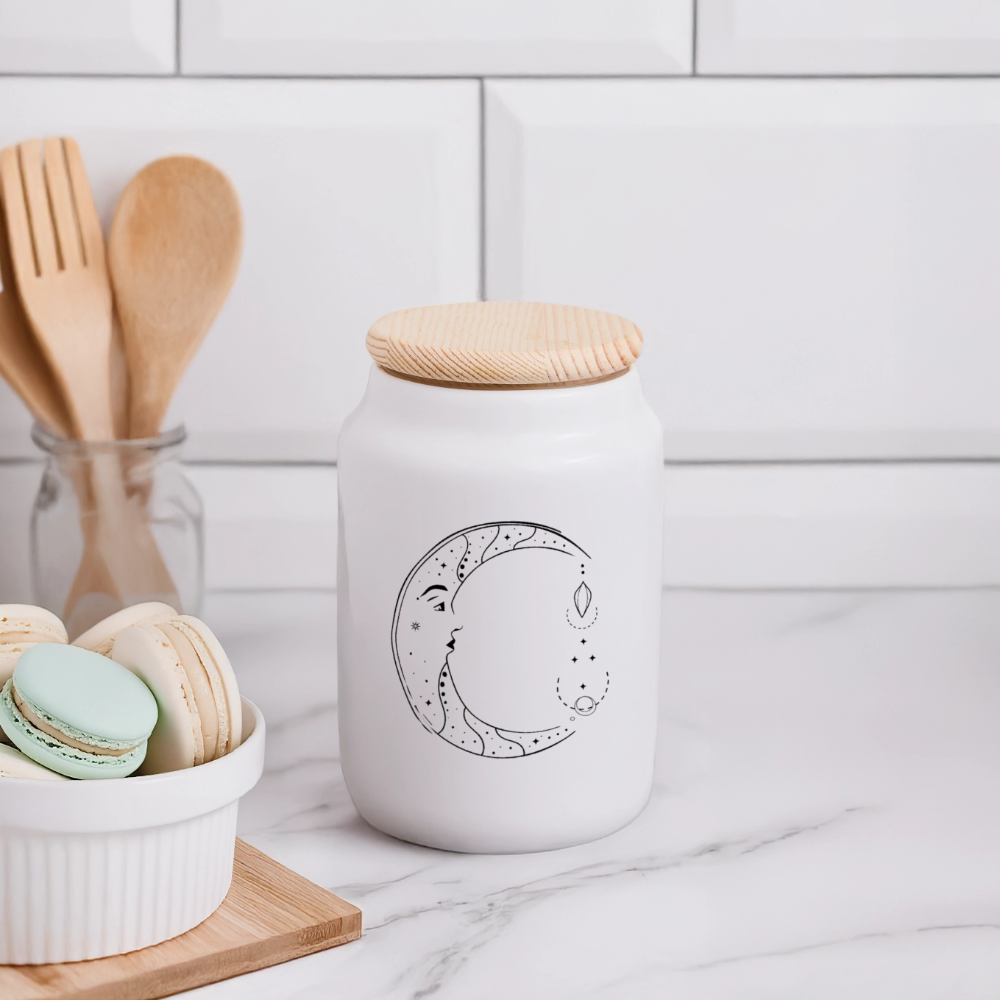Keramikdose mit Holzdeckel / Mond und Sterne - Weiß