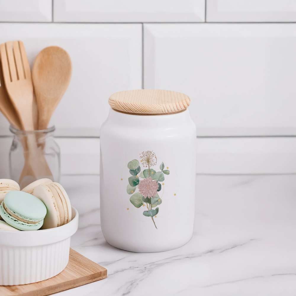 Keramikdose mit Holzdeckel / Geometrie Bloom - Weiß