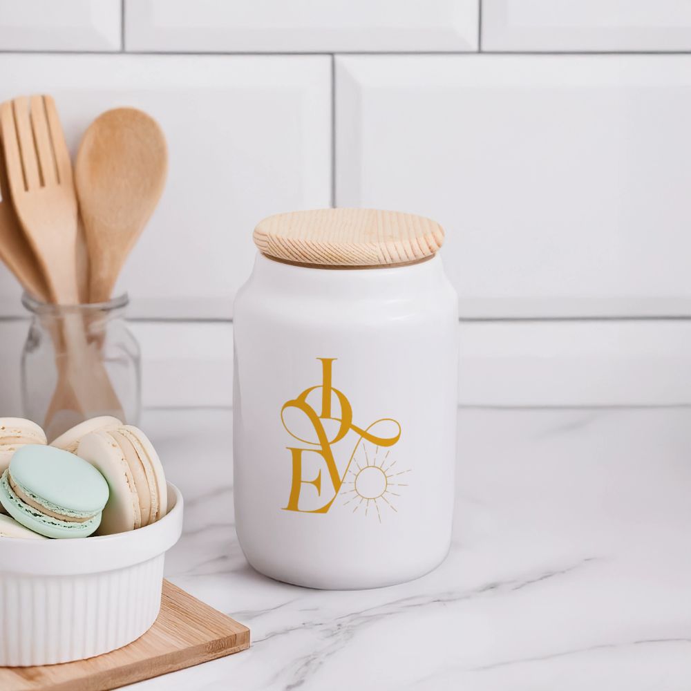 Keramikdose mit Holzdeckel / Love - Weiß