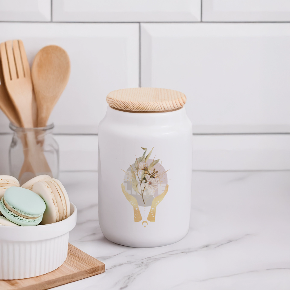 Keramikdose mit Holzdeckel / Believe - Weiß