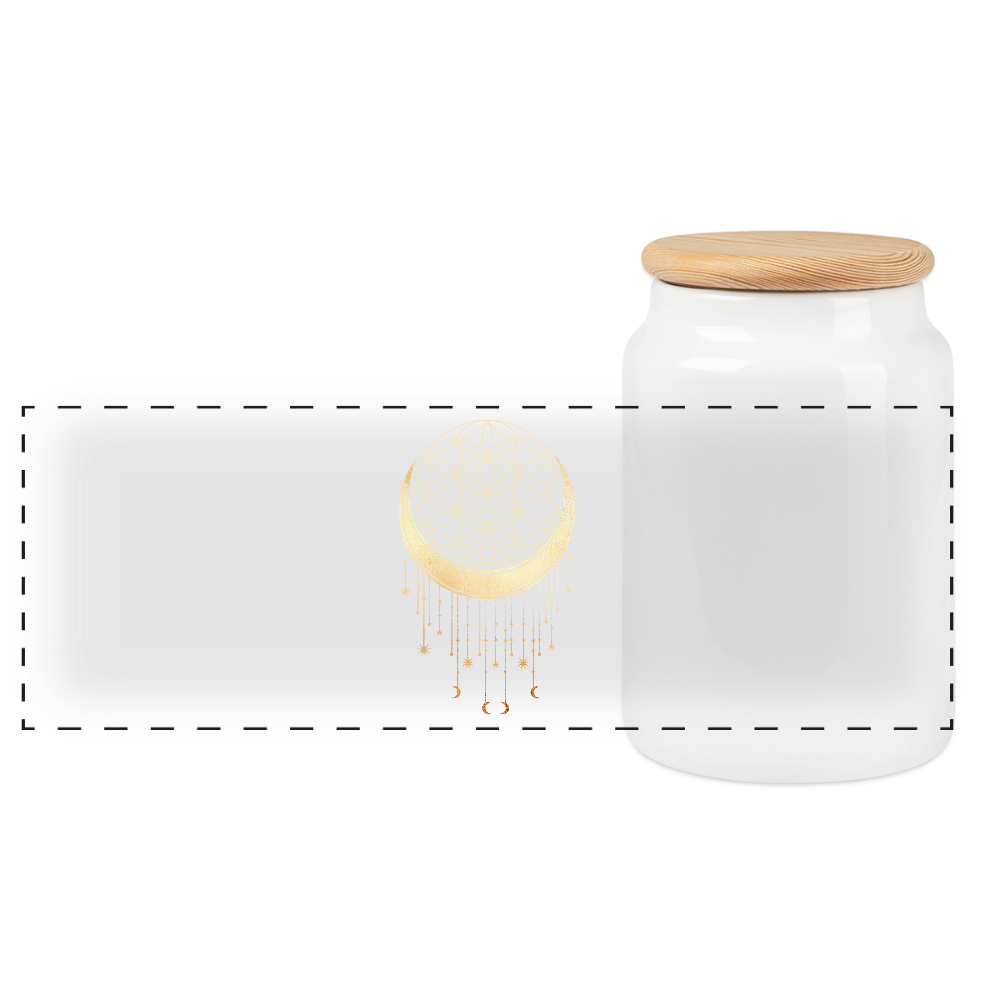 Keramikdose mit Holzdeckel / Mondsichel mit Sternen - Weiß