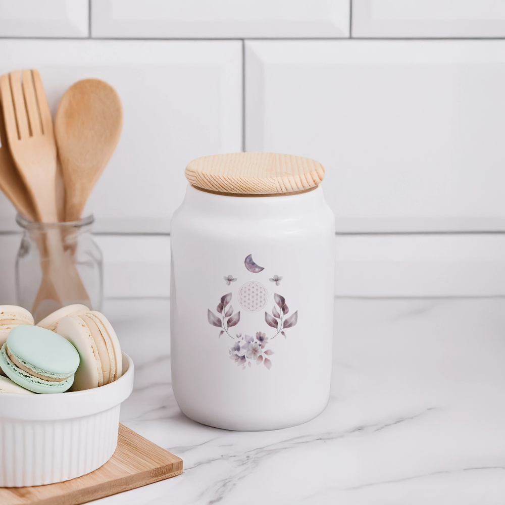 Keramikdose mit Holzdeckel / Mondblume - Weiß