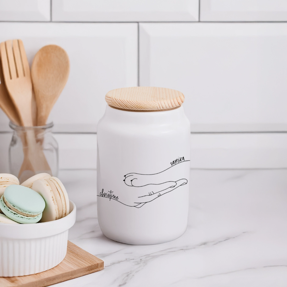Keramikdose mit Holzdeckel / Katzenpfote-Menschenhand mit Namen personalisierbar - Weiß
