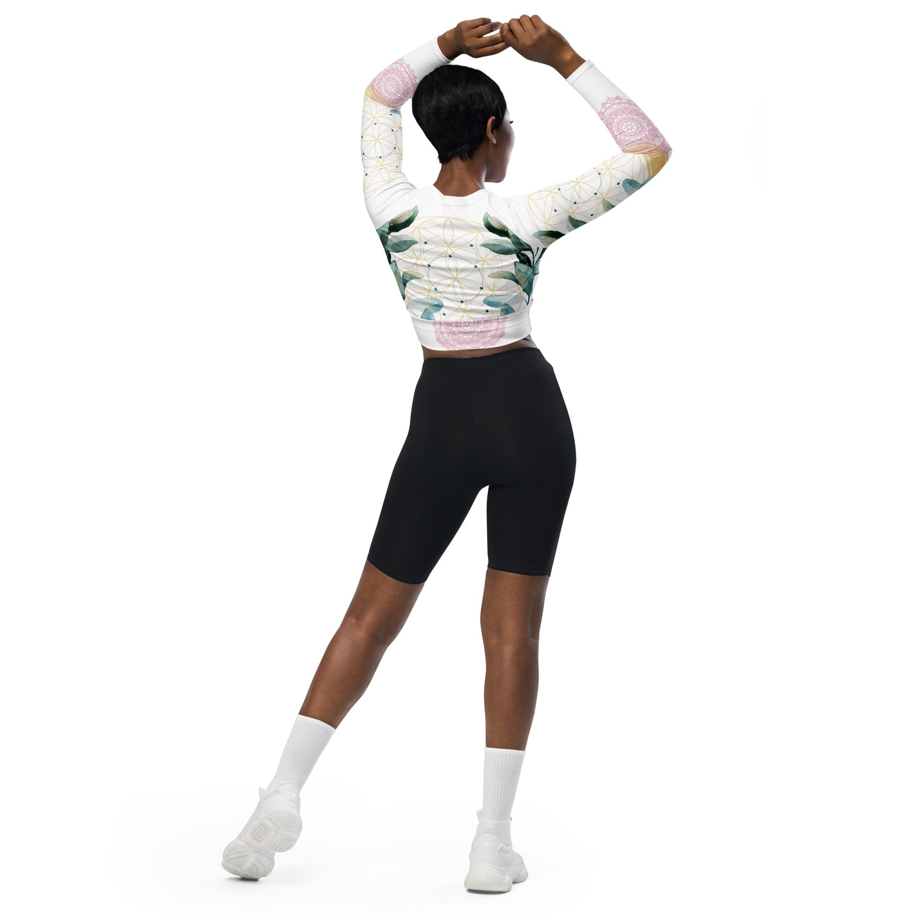 Mandala Golden Bloom weiss / Crop Top Longsleeve mit AOP