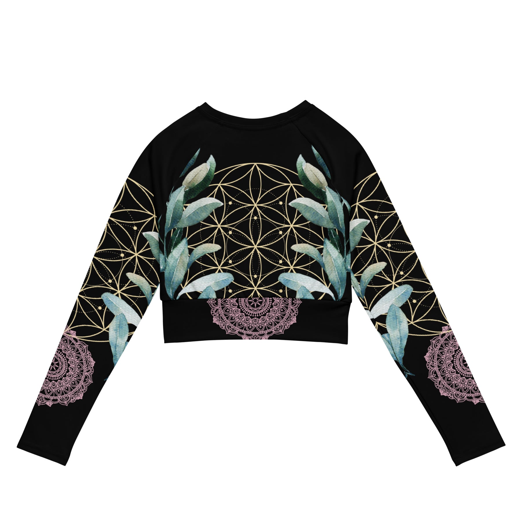 Mandala Golden Bloom schwarz / Crop Top Longsleeve mit AOP