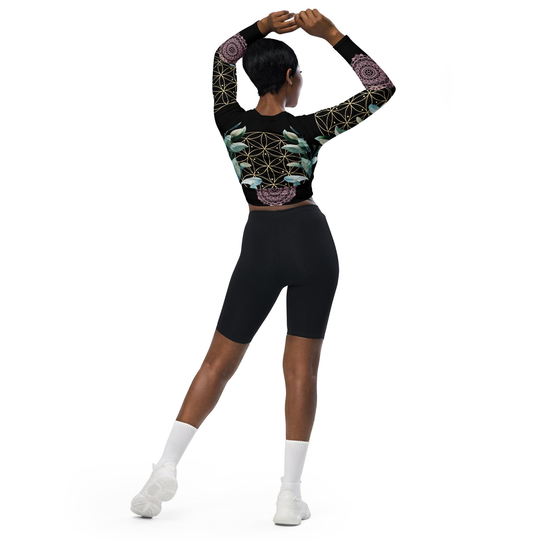 Mandala Golden Bloom schwarz / Crop Top Longsleeve mit AOP