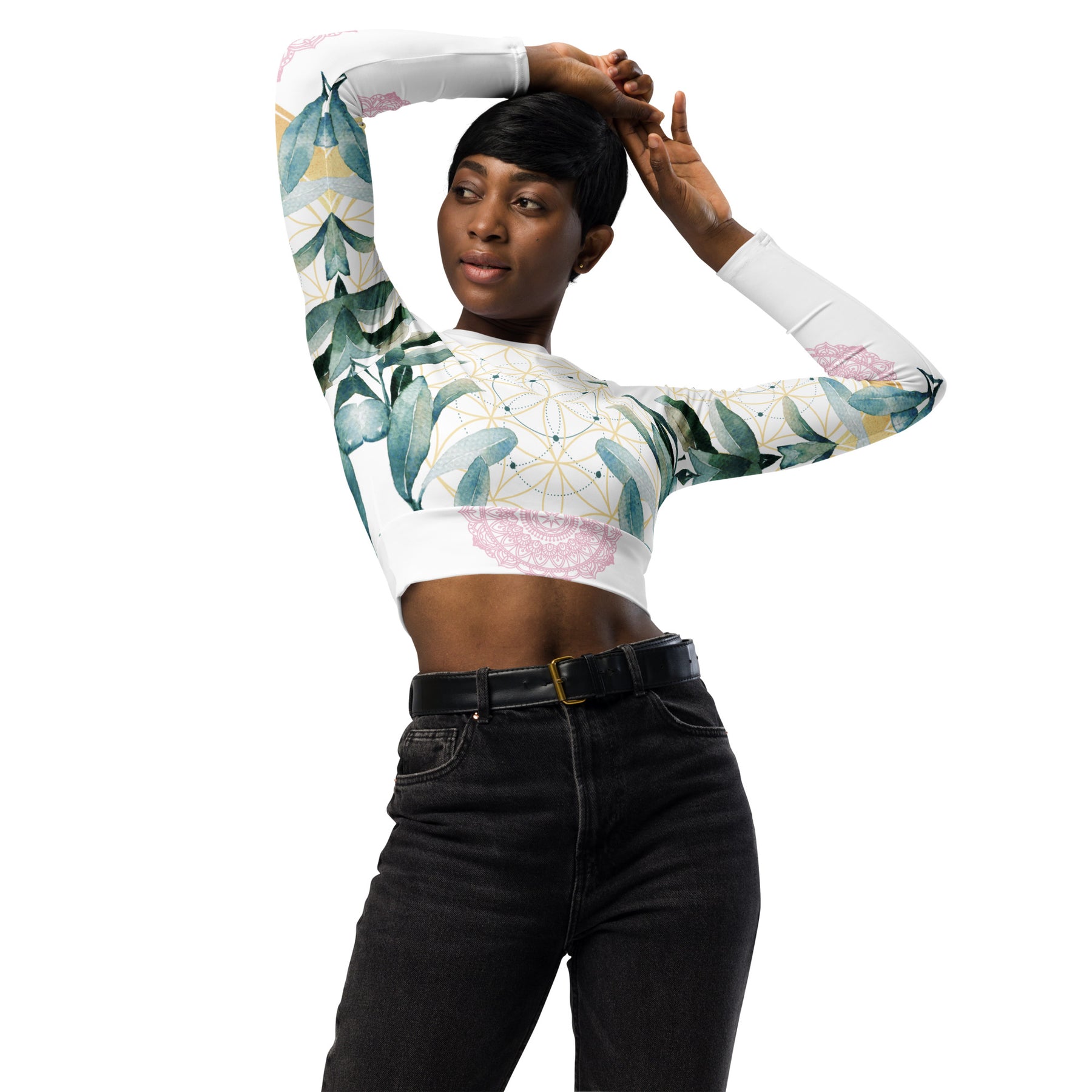 Mandala Golden Bloom weiss / Crop Top Longsleeve mit AOP