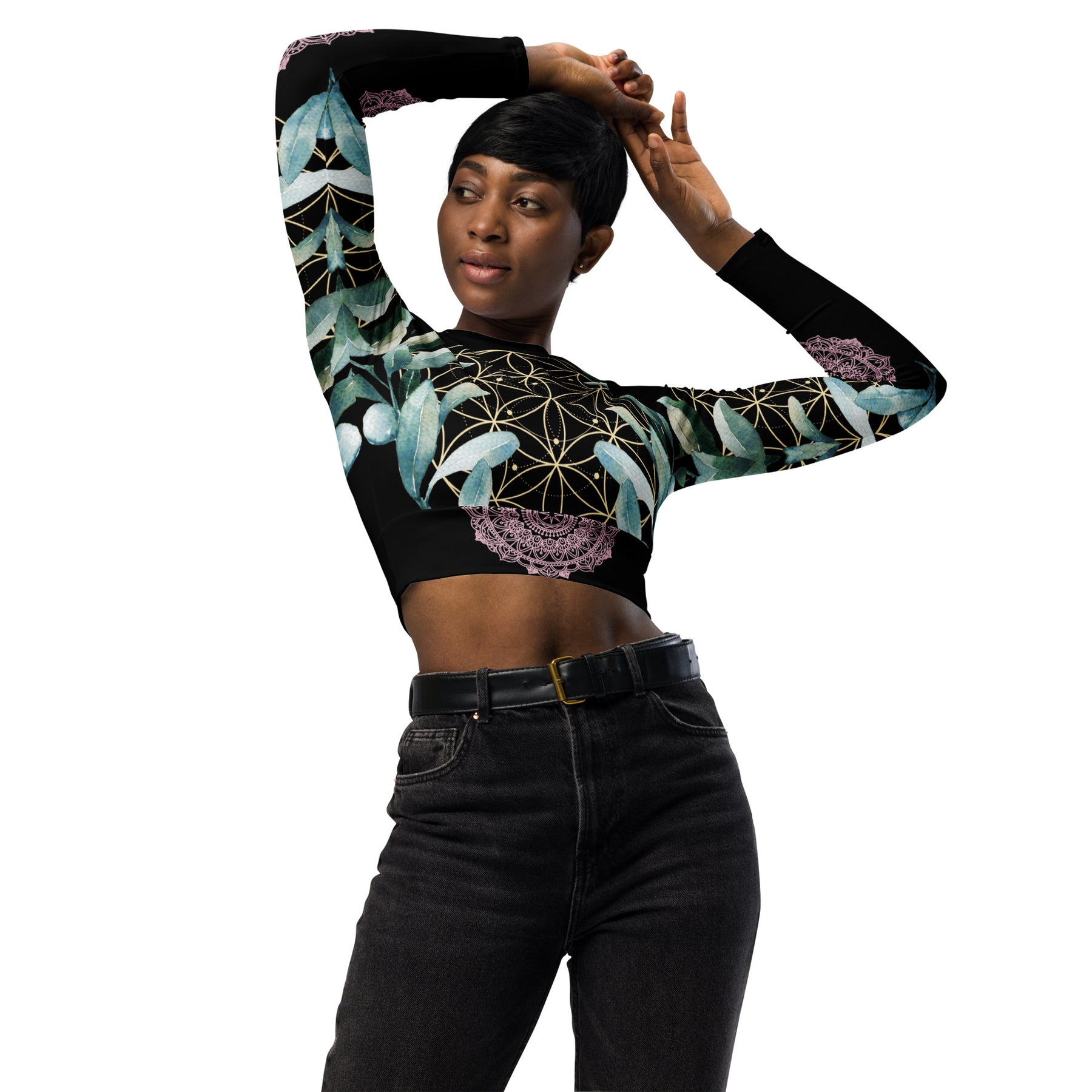 Mandala Golden Bloom schwarz / Crop Top Longsleeve mit AOP