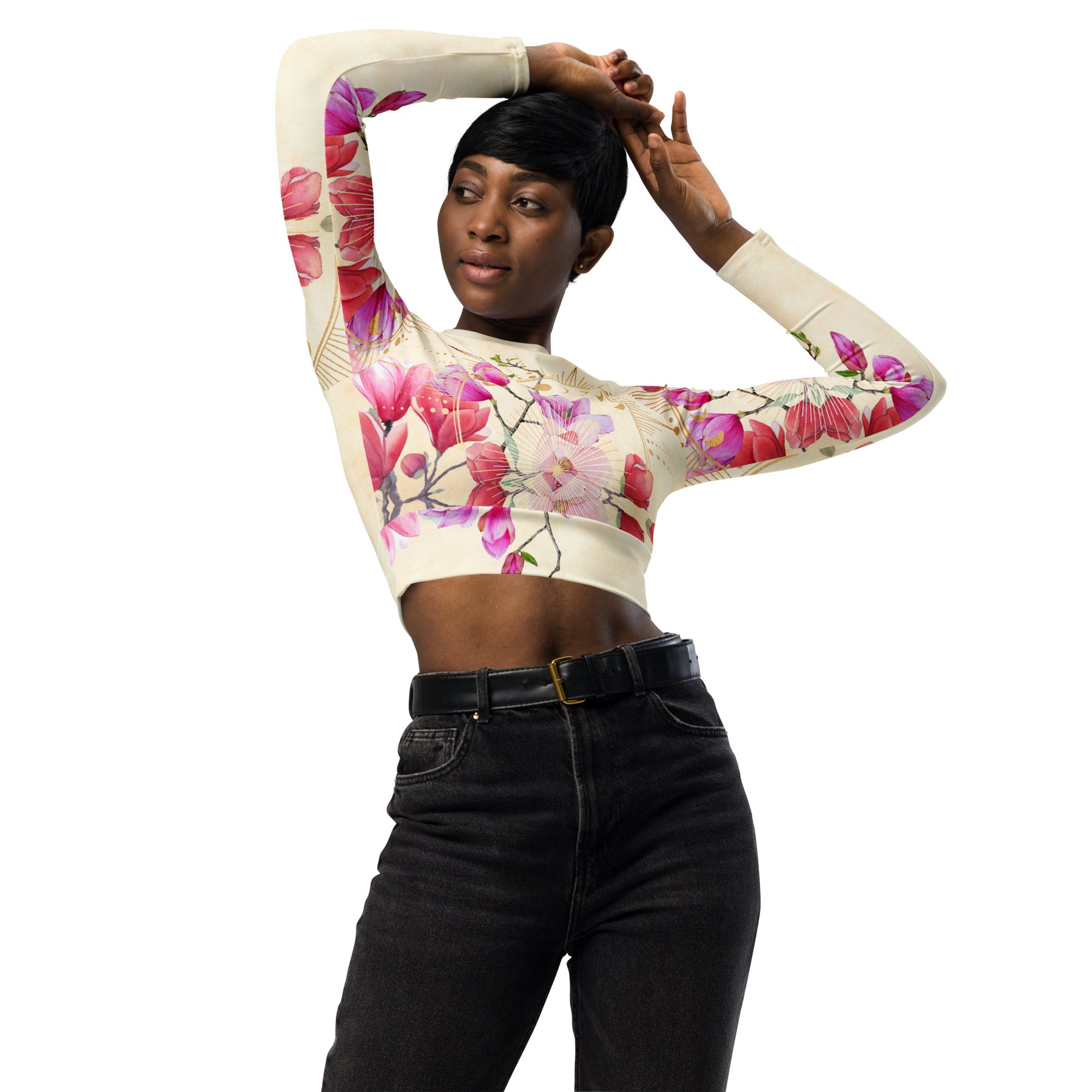 Goldene Magnolie / Crop Top Longsleeve mit AOP