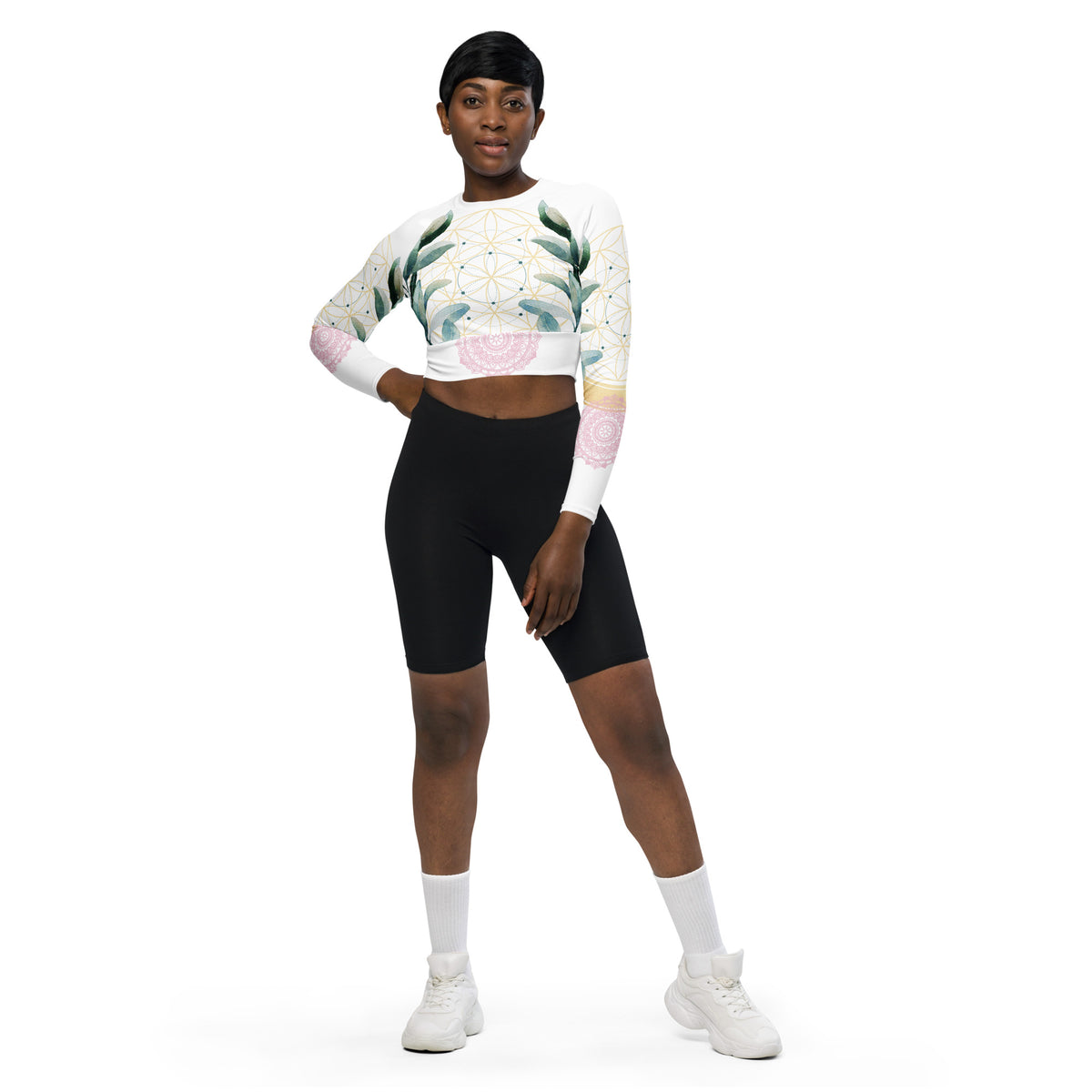 Mandala Golden Bloom weiss / Crop Top Longsleeve mit AOP
