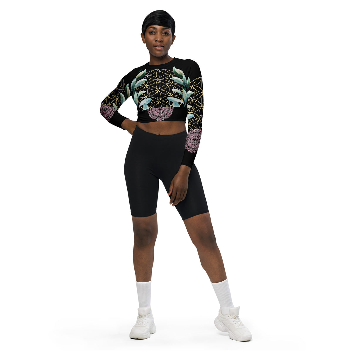 Mandala Golden Bloom schwarz / Crop Top Longsleeve mit AOP