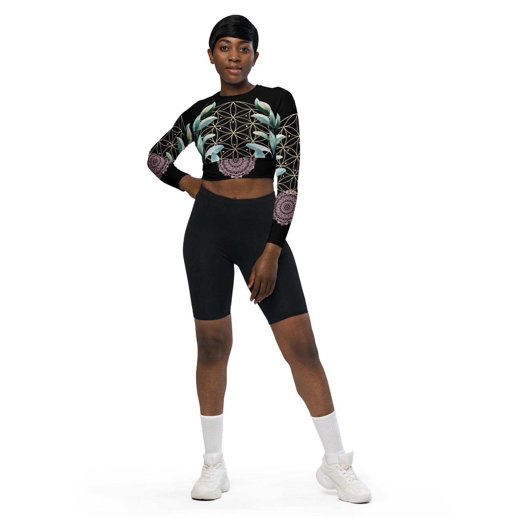 Mandala Golden Bloom schwarz / Crop Top Longsleeve mit AOP