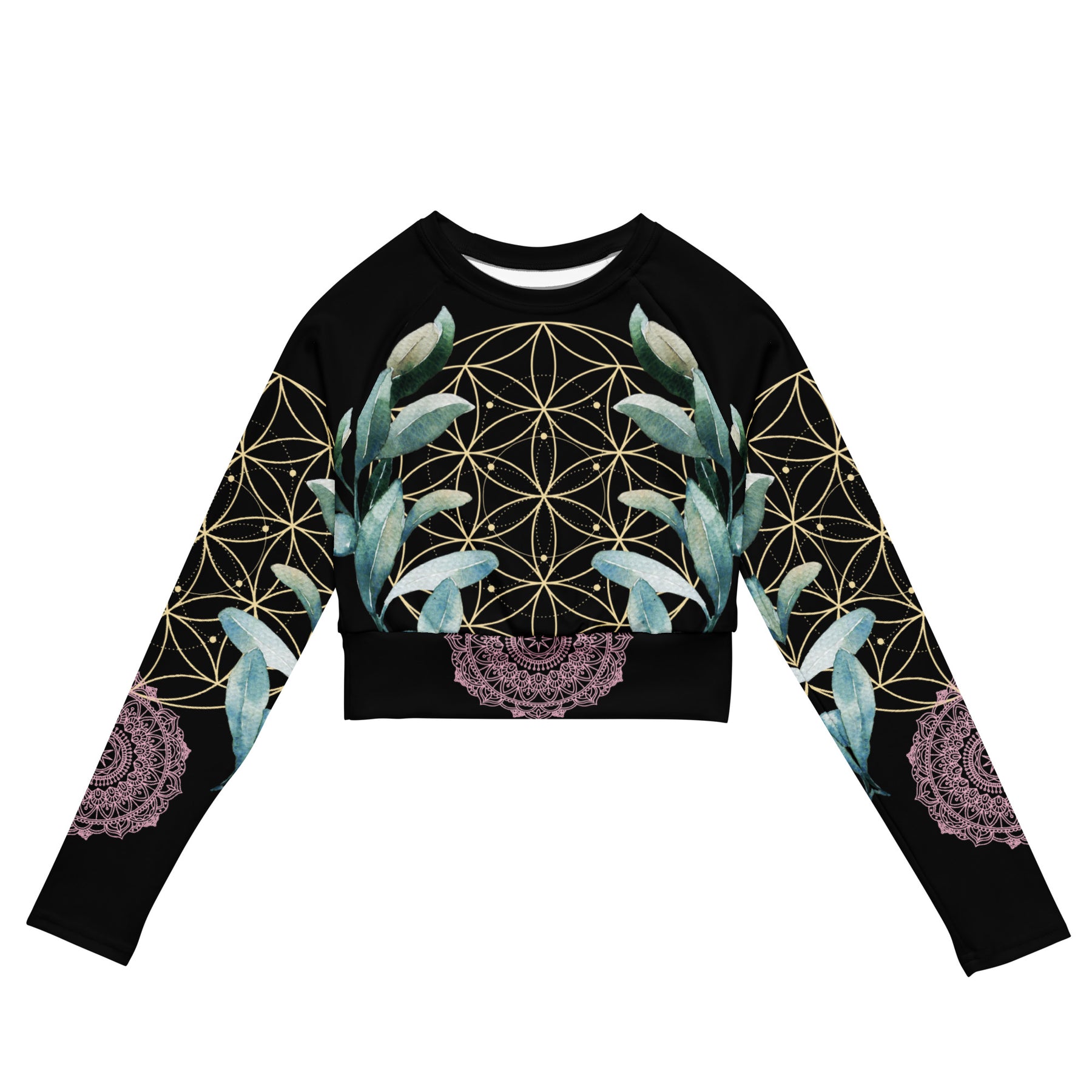 Mandala Golden Bloom schwarz / Crop Top Longsleeve mit AOP