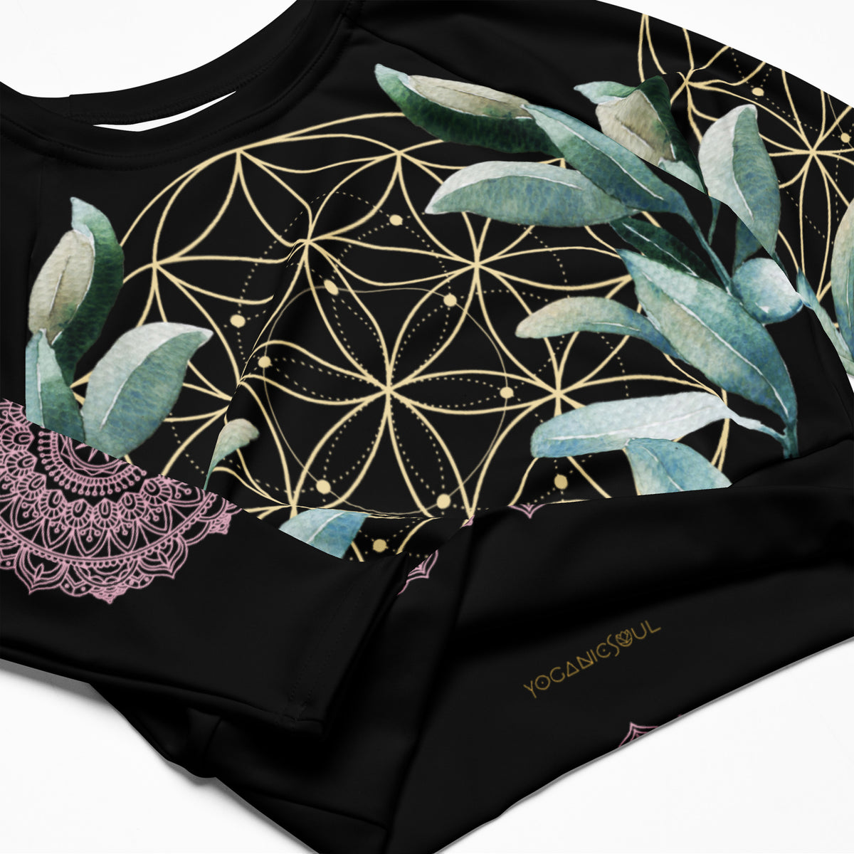 Mandala Golden Bloom schwarz / Crop Top Longsleeve mit AOP