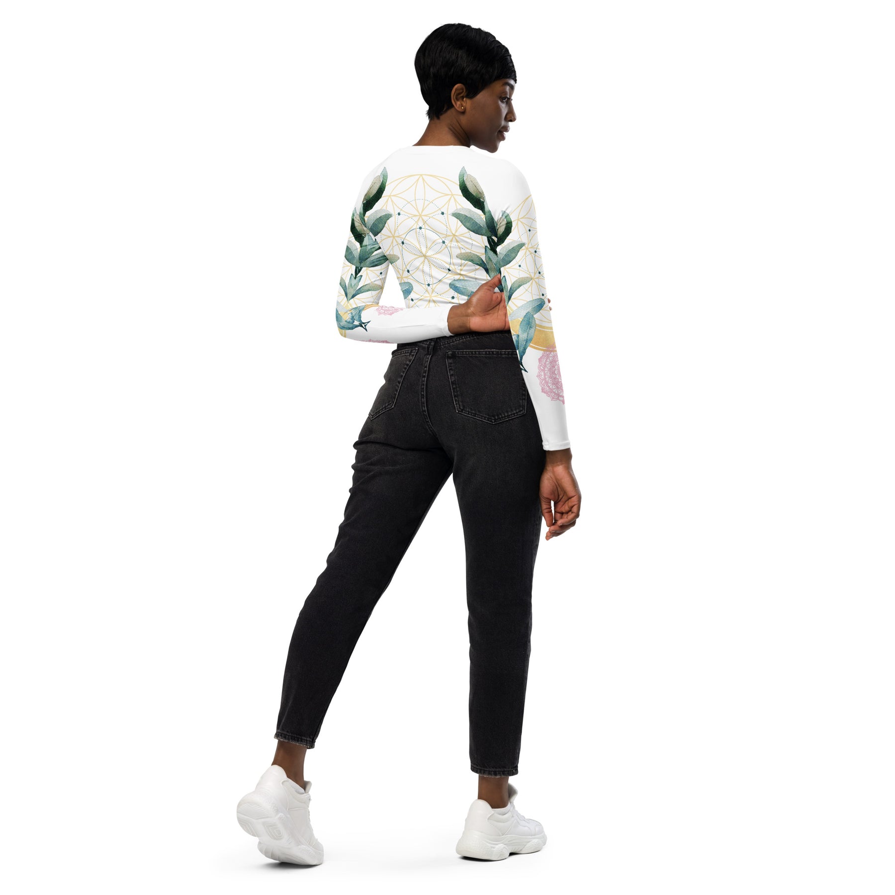 Mandala Golden Bloom weiss / Crop Top Longsleeve mit AOP