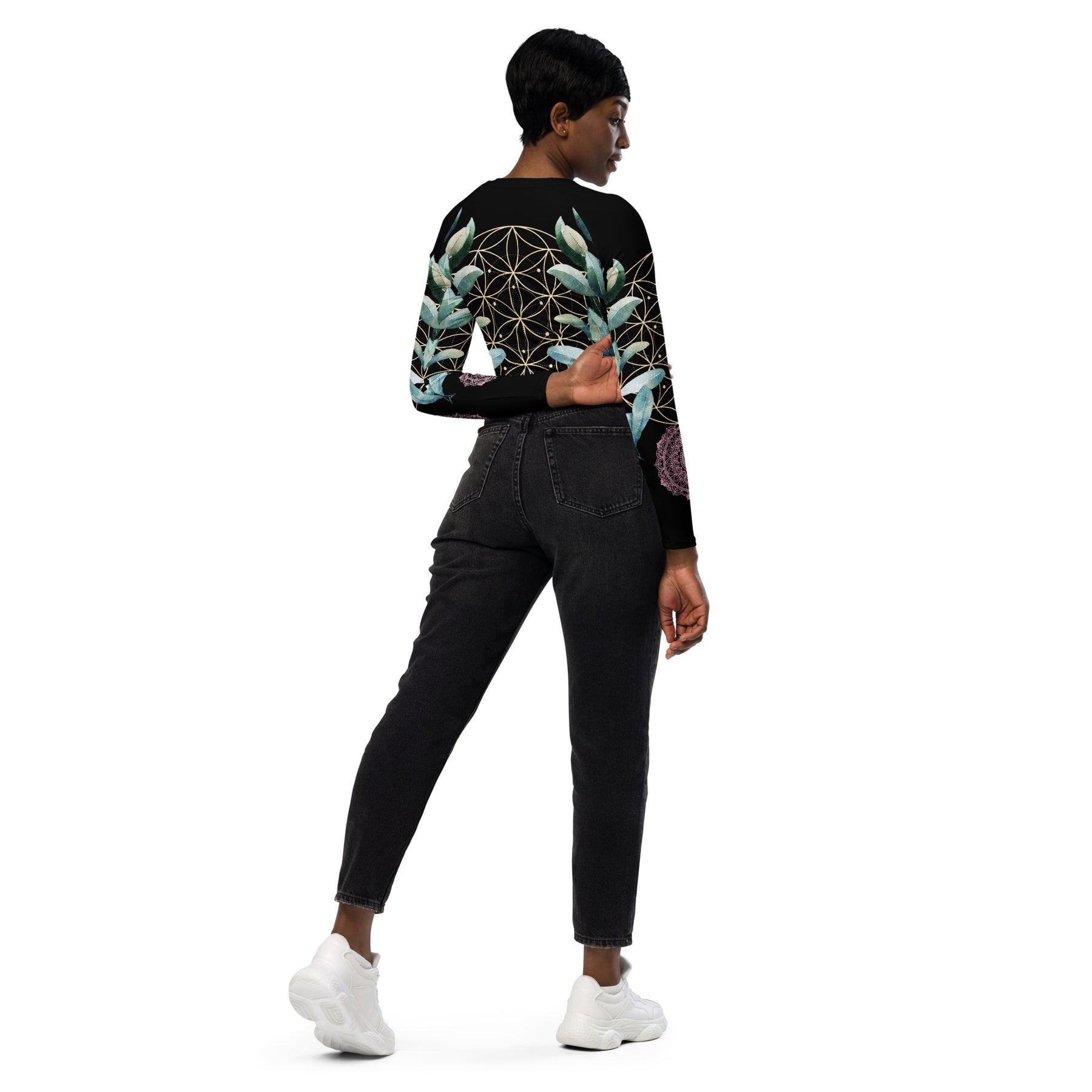Mandala Golden Bloom schwarz / Crop Top Longsleeve mit AOP