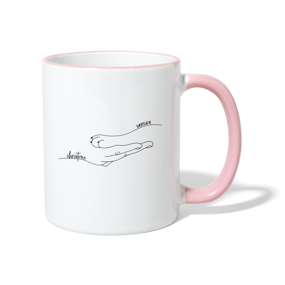 Katzenpfote-Menschenhand mit Namen / Keramiktasse - Weiß/Pink