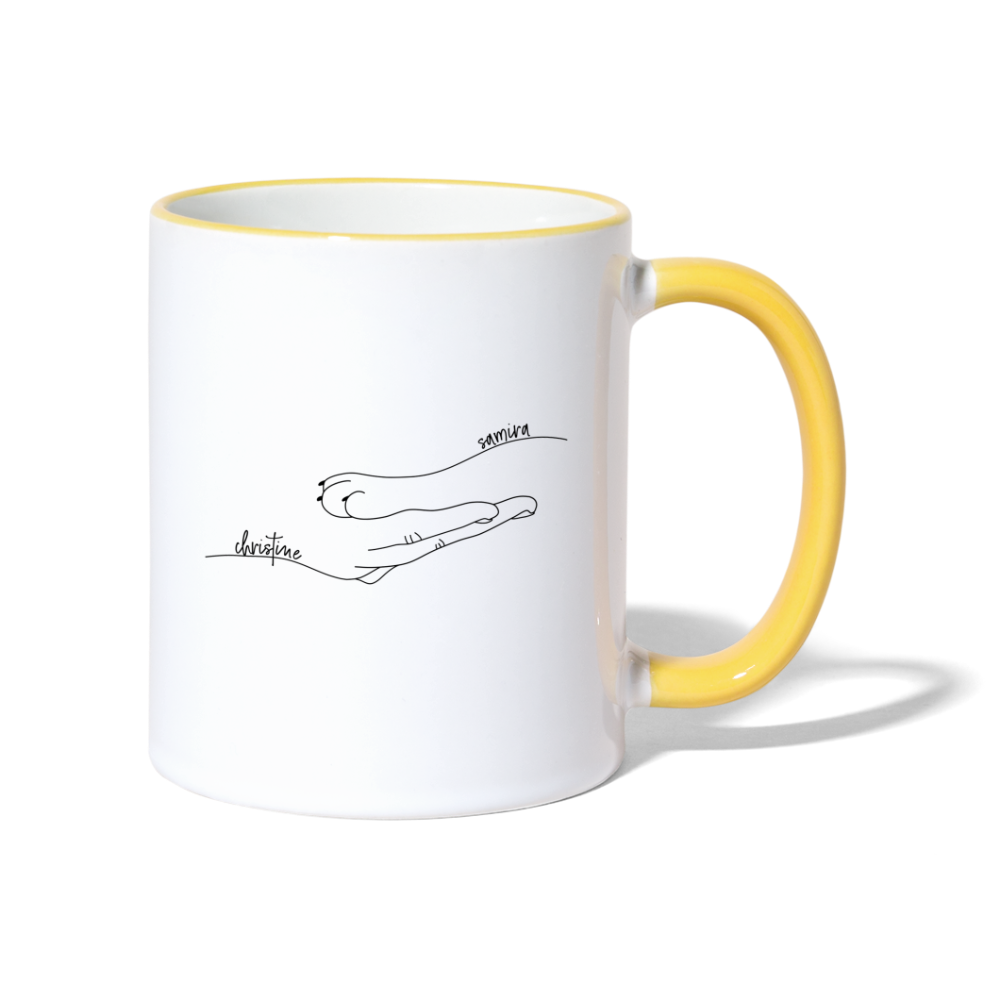Katzenpfote-Menschenhand mit Namen / Keramiktasse - Weiß/Gelb