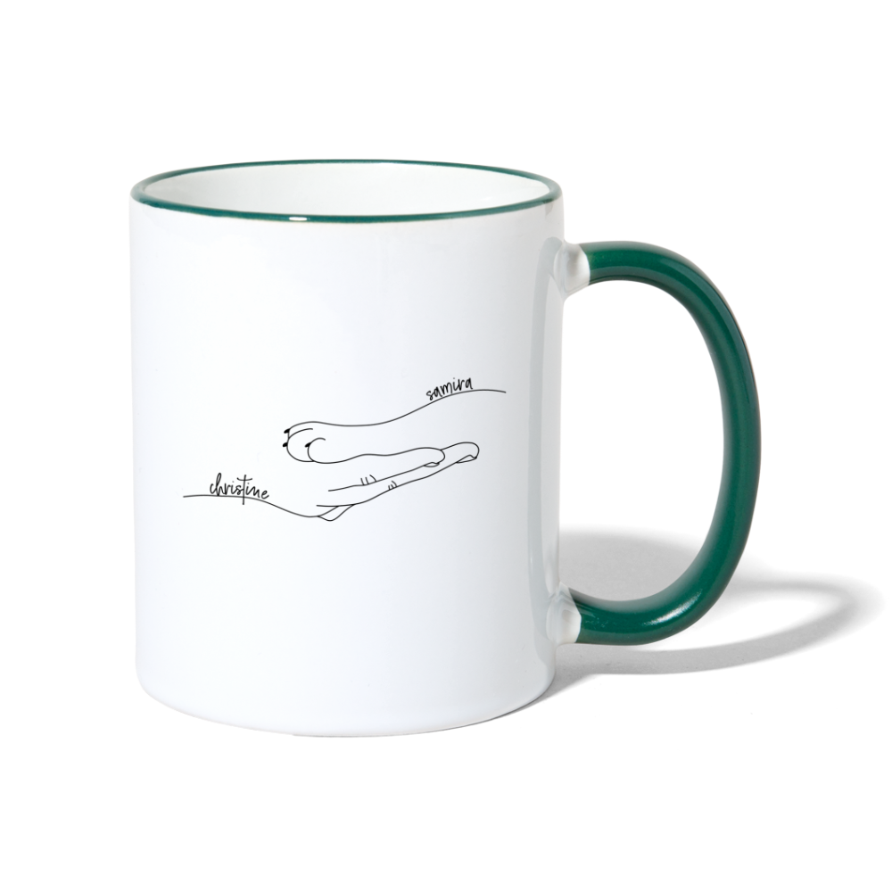 Katzenpfote-Menschenhand mit Namen / Keramiktasse - Weiß/Dunkelgrün