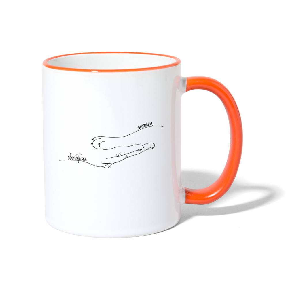 Katzenpfote-Menschenhand mit Namen / Keramiktasse - Weiß/Orange