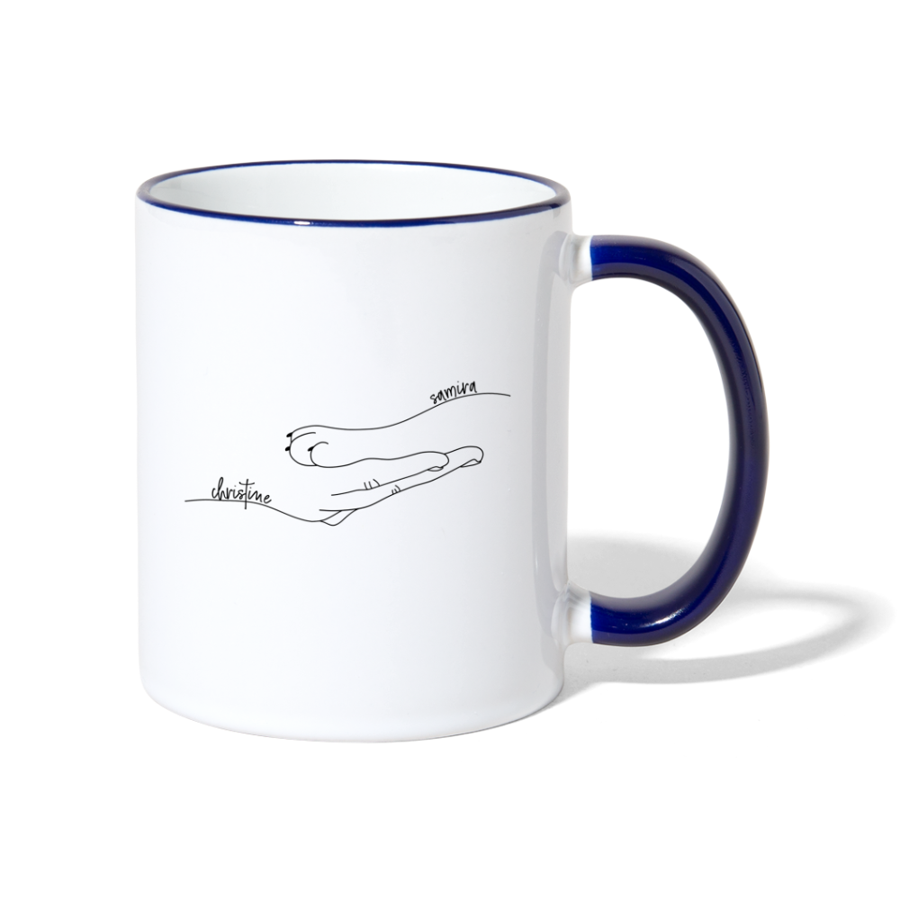 Katzenpfote-Menschenhand mit Namen / Keramiktasse - Weiß/Kobaltblau