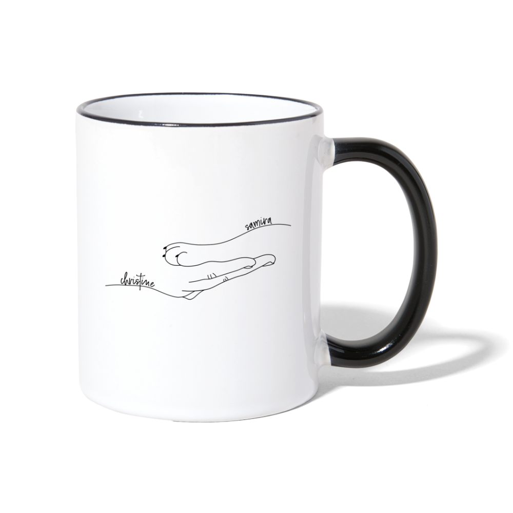 Katzenpfote-Menschenhand mit Namen / Keramiktasse - Weiß/Schwarz