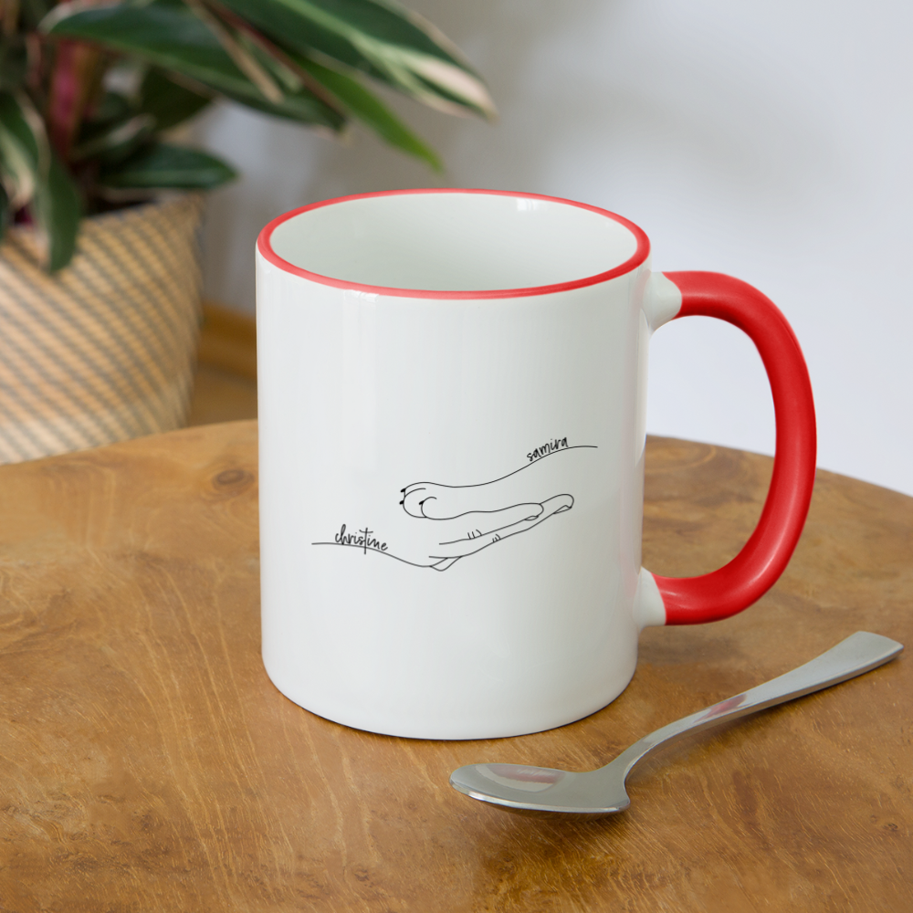 Katzenpfote-Menschenhand mit Namen / Keramiktasse - Weiß/Rot
