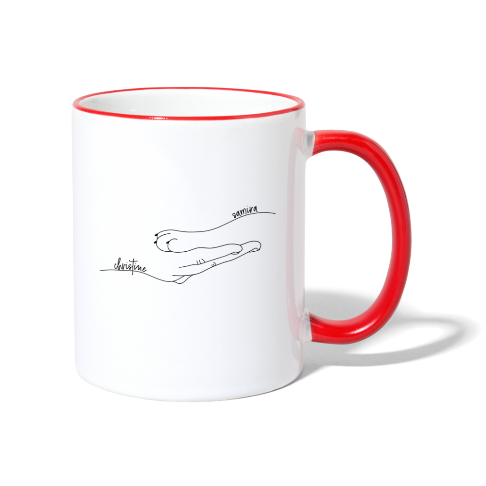 Katzenpfote-Menschenhand mit Namen / Keramiktasse - Weiß/Rot