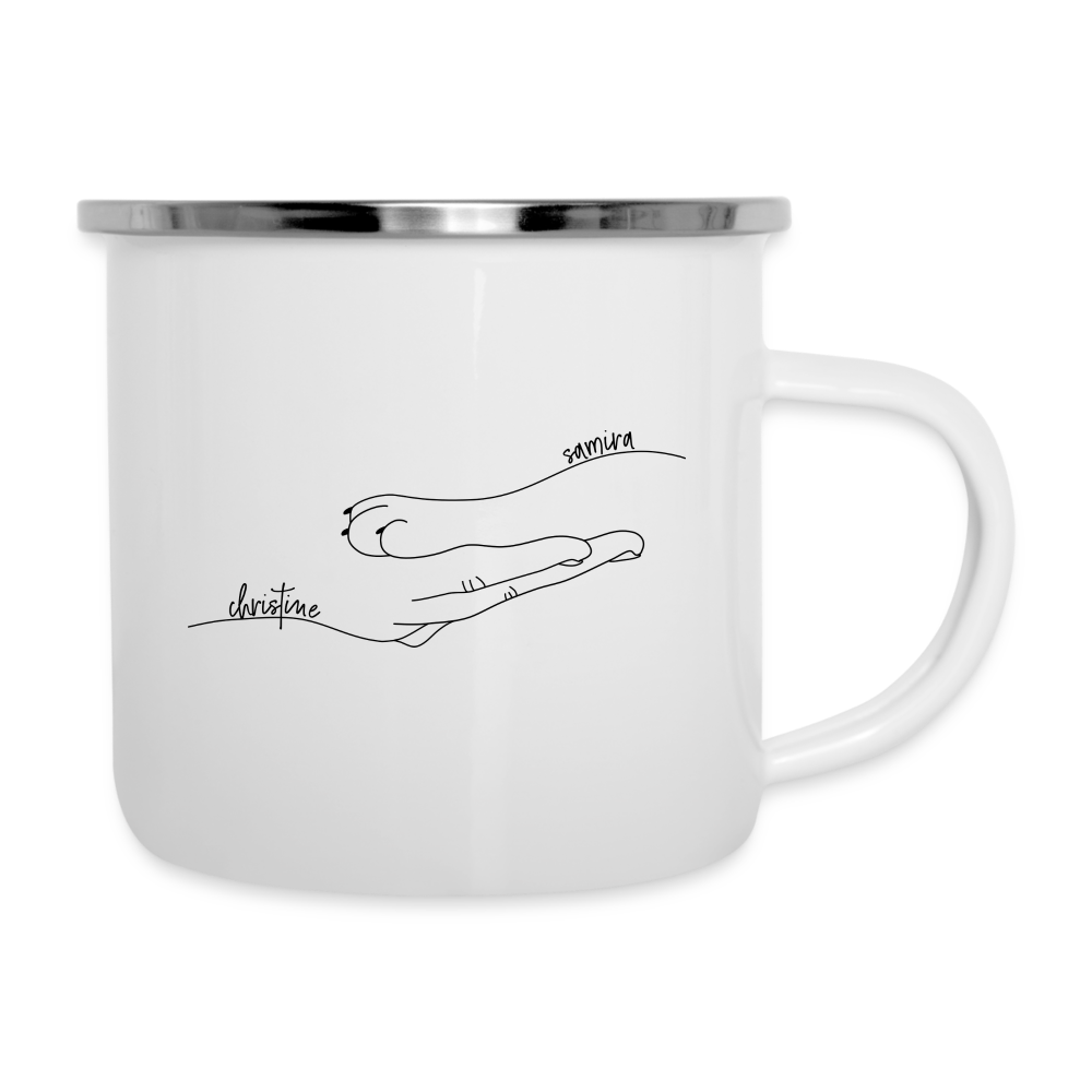 Katzenpfote-Menschenhand mit Namen / Emaille-Tasse - weiß