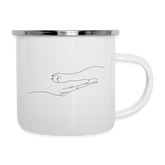 Katzenpfote-Menschenhand / Emaille-Tasse - weiß