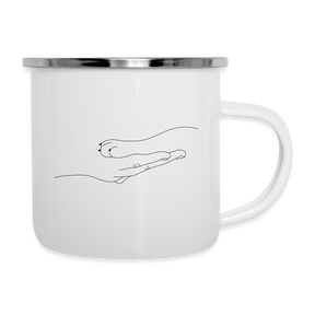 Katzenpfote-Menschenhand / Emaille-Tasse - weiß