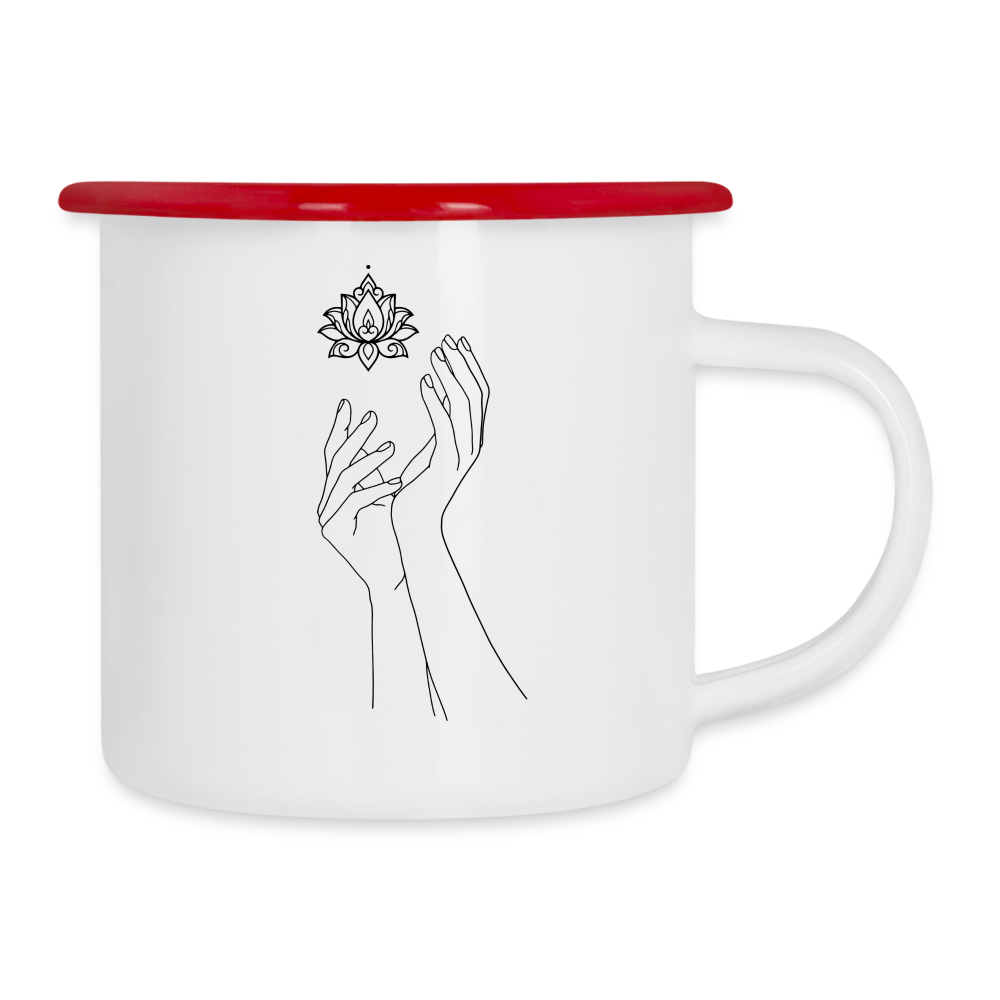 Lotushands / Emaille -Tasse - Weiß/Rot