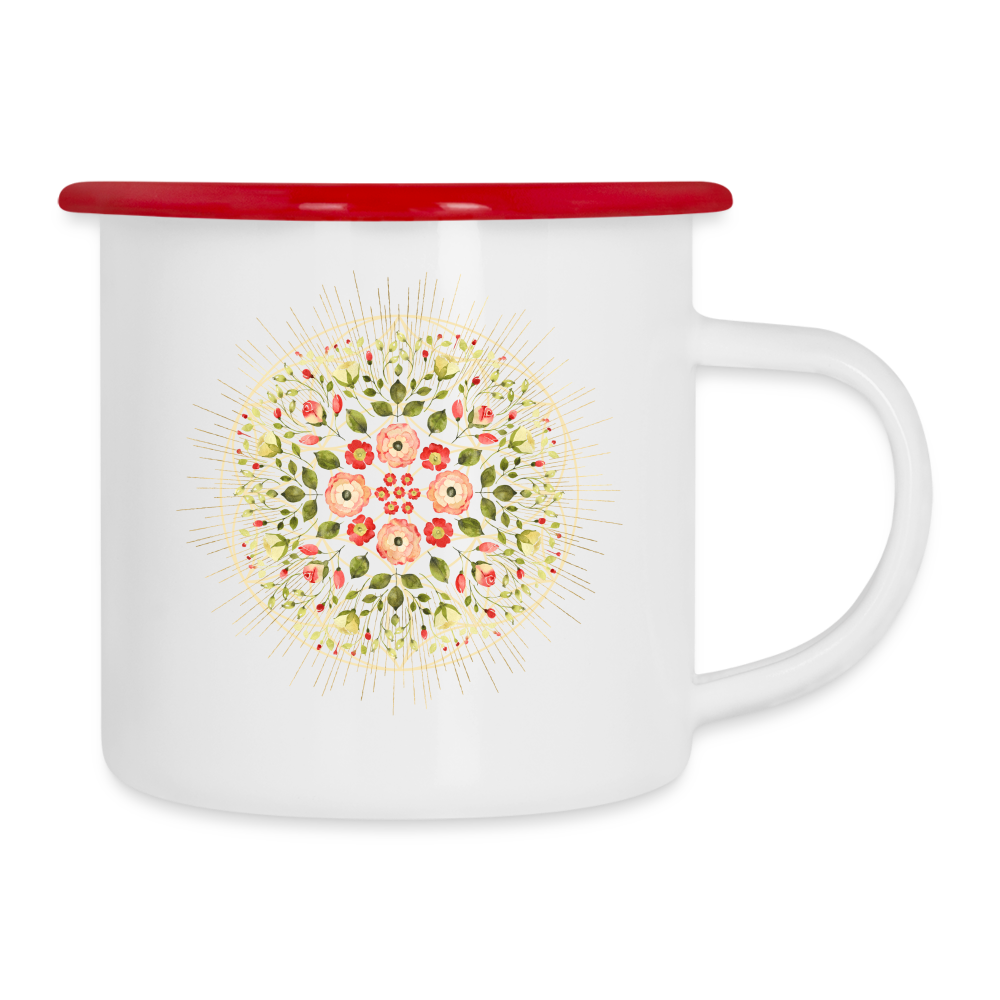 Mandala Blüten / Emaille -Tasse - Weiß/Rot
