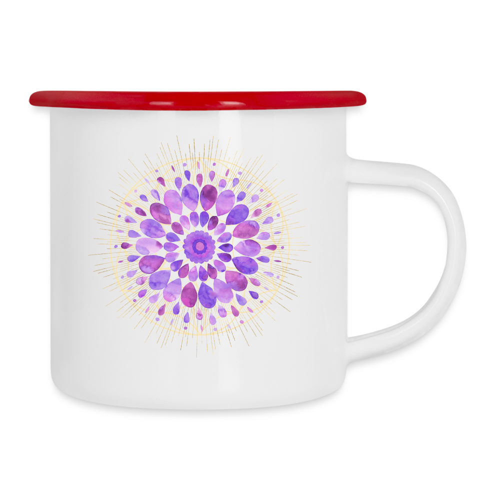 Mandala lila / Emaille -Tasse - Weiß/Rot