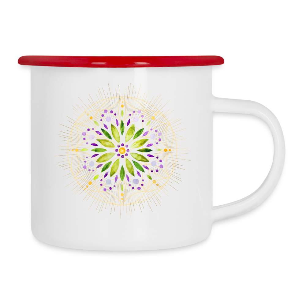 Mandala grün / Emaille -Tasse - Weiß/Rot